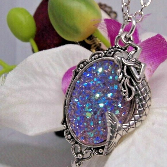 Mermaid Silver Necklace Purple Druzy Cameo Charm - Picture 3 of 7